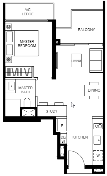 Le Quest Floor Plan A2 495 sqft 46 sqm (1 Bedroom + Study)
