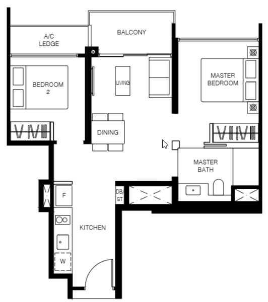 Le Quest Floor Plan B2 614 sqft 57 sqm (2 Bedroom)
