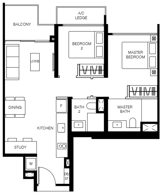 Le Quest Floor Plan B4 710 sqft 66 sqm (2 Bedroom Deluxe + Study)