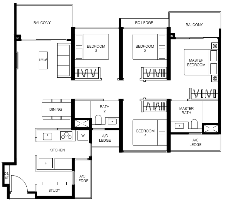 Le Quest Floor Plan D1 1130 sqft 105 sqm (4 Bedroom + Study)